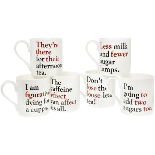 Grammar Grumble Bone China Mugs - mixed pack of 6